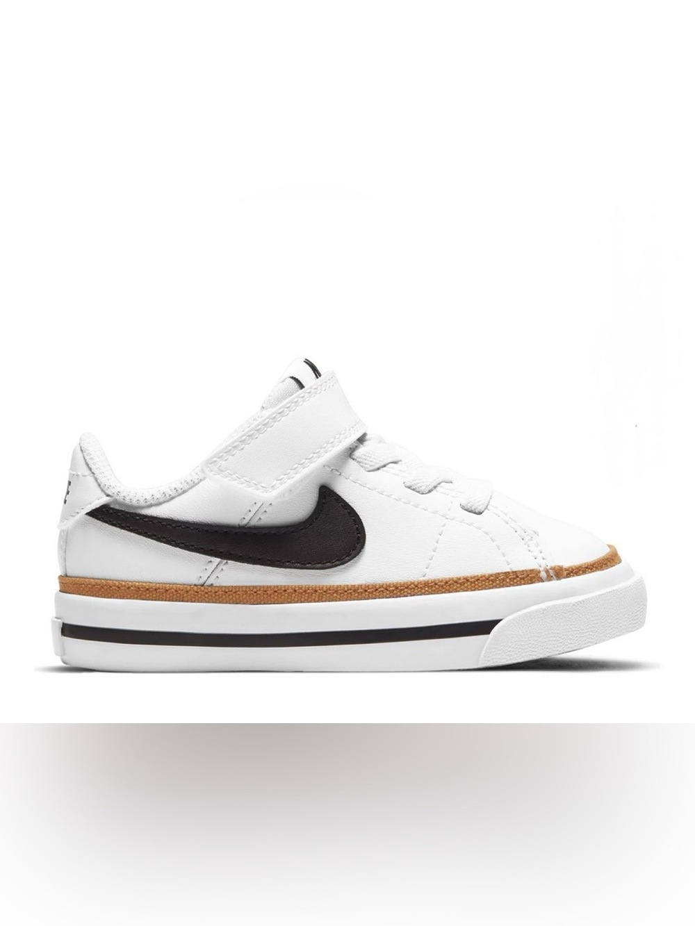 Nike Kids White Sneakers with Black Swoosh and Brown Trim